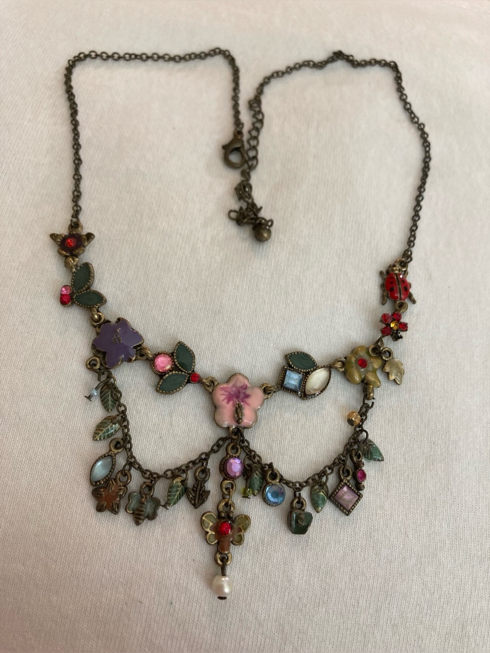 Ladybugs Flowers Leaves Beaded Swag Necklace